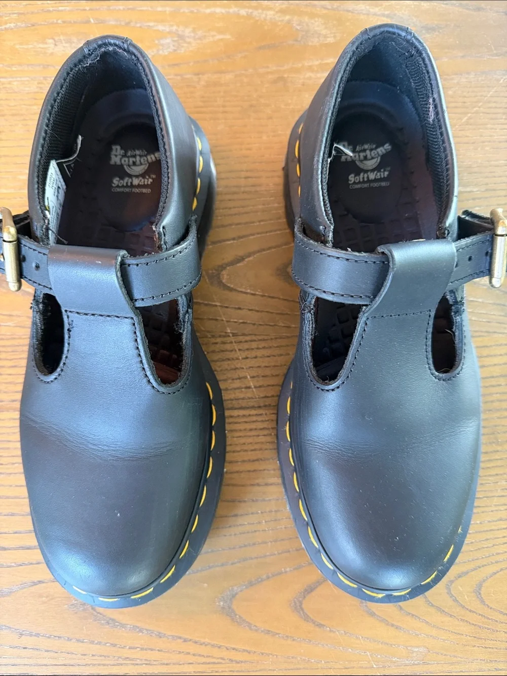 Dr. Martens Black T-Strap Dress Shoes with Yellow Stitching - Picture 1 of 6